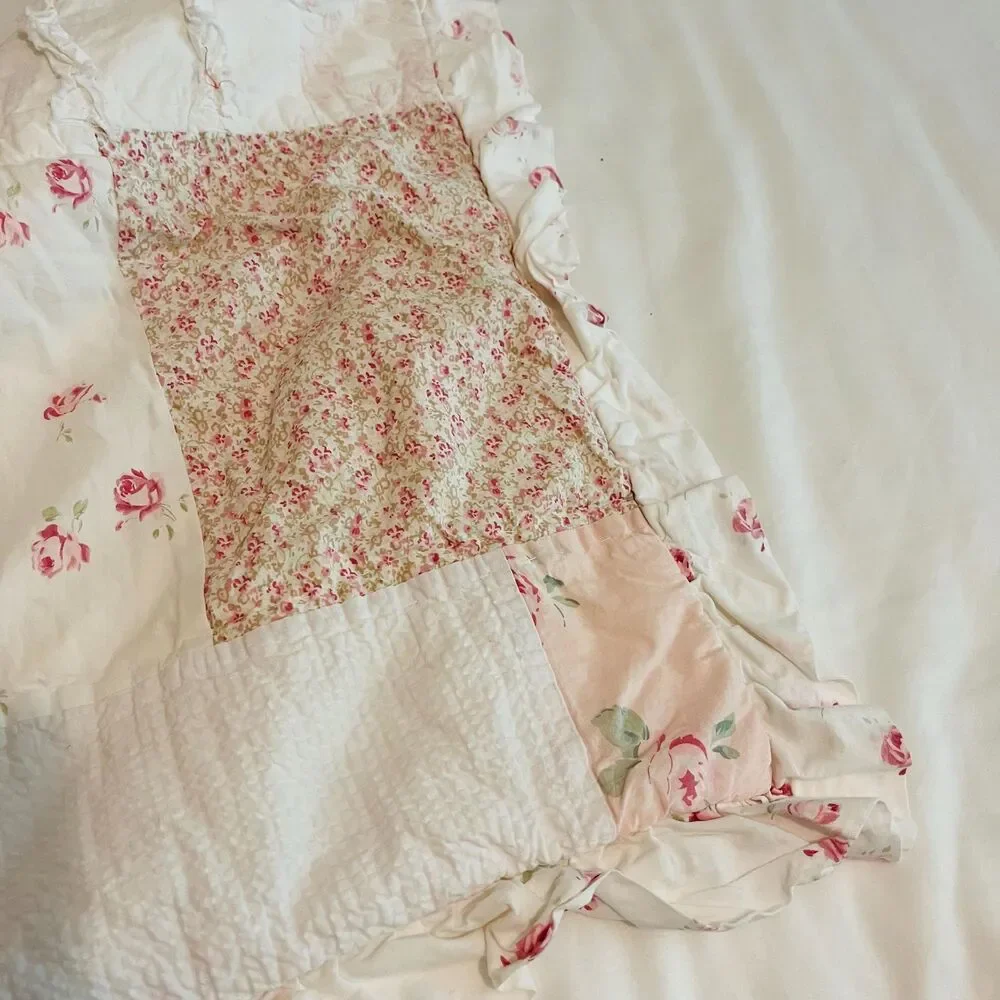 Vintage Simply Shabby Chic Pink Rose Floral Quilt Ruffled Throw Pillow Cover